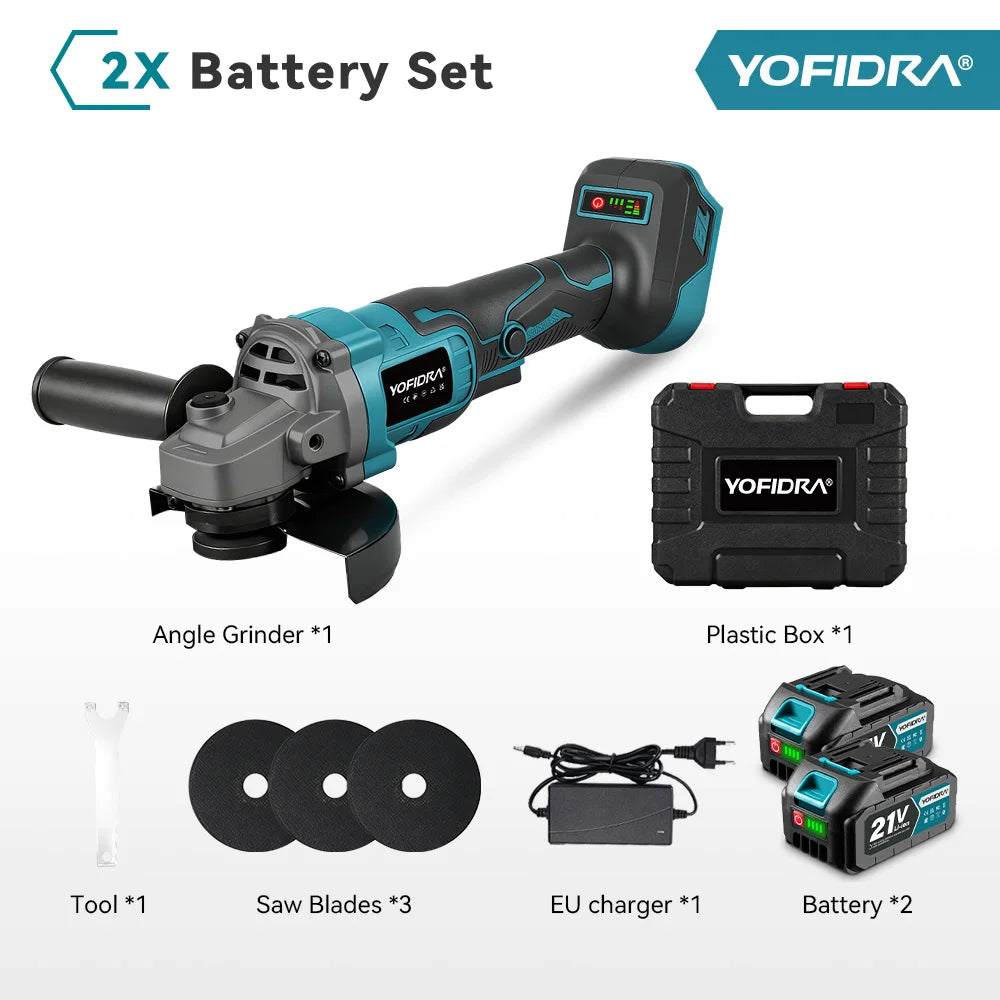 YOFIDRA 125mm 3 Gears Brushless Angle Grinder Cordless Grinding Machine Cutting Woodworking Power Tool For Makita Battery Pin