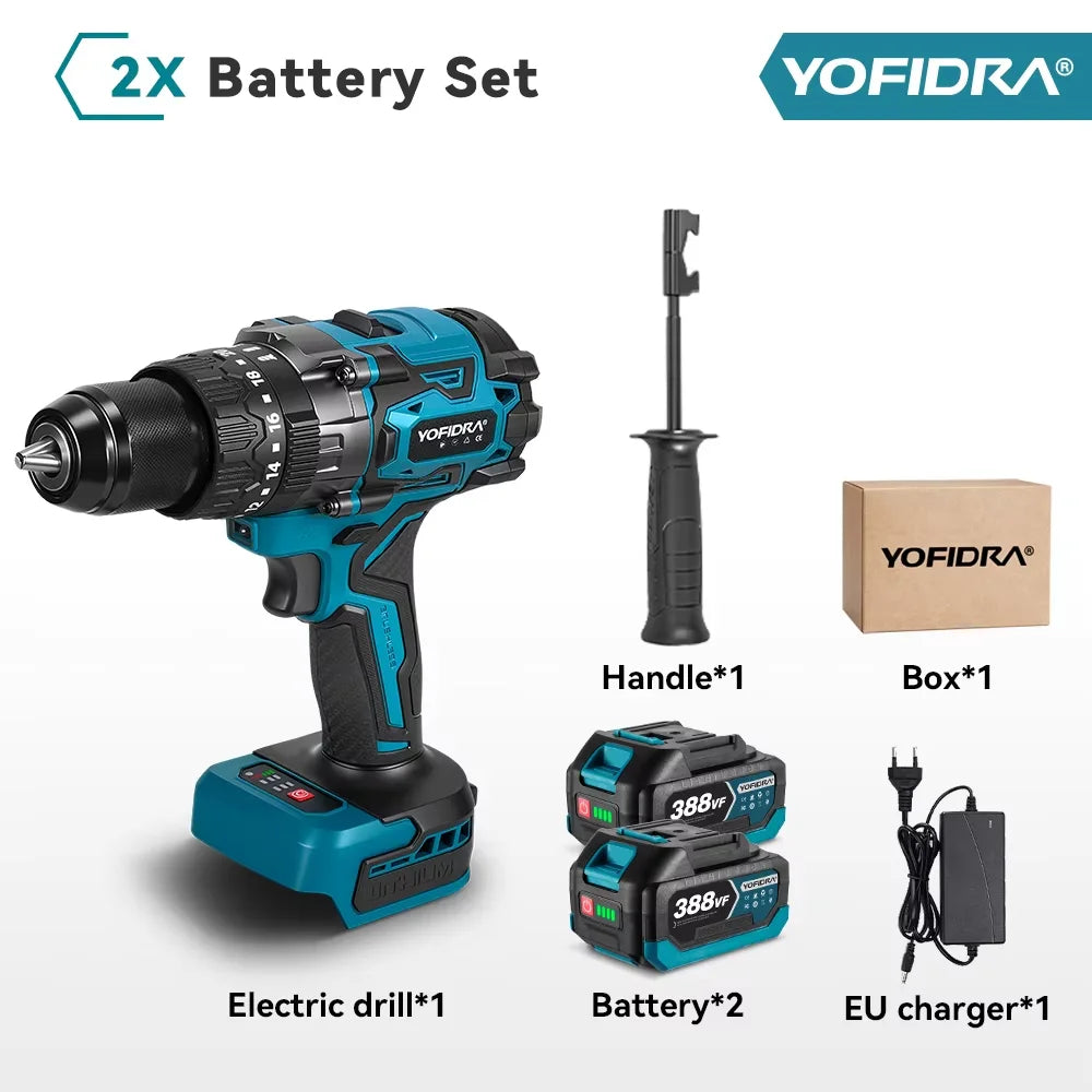 YOFIDRA 20+3 Torque 900N.M Brushless Electric Impact Drill 13MM Cordless Drilling Screwdriver Power Tool for Makita Battery Pin