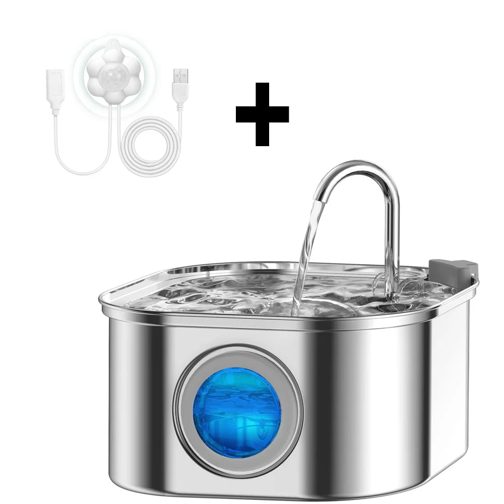 Transparent Window Cat Water Dispenser with sensor 3.2L/108oz Super Quiet& Pets Auto Filter Stainless Steel Cats Water Fountain