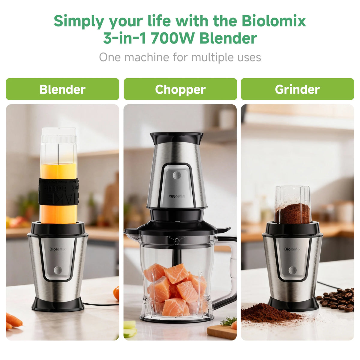 Blender compact BioloMix 700W 3-en-1, centrifugeuse, robot culinaire et moulin à sec, parfait pour préparer des jus frais et des trempettes