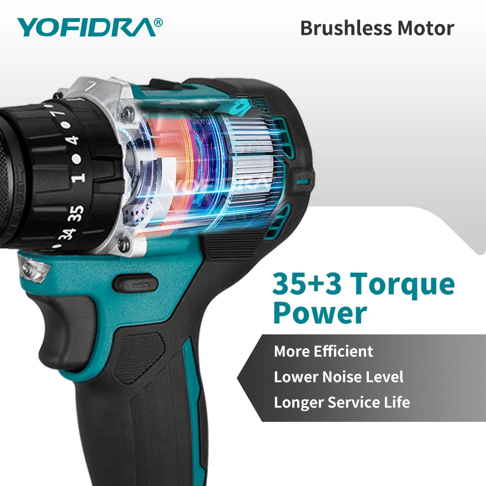 YOFIDRA 13MM Borstelloze Elektrische Slagboormachine 35+3 Koppel Snoerloze Houtbewerkingsschroevendraaier Elektrisch Gereedschap voor Makita Accu Pin