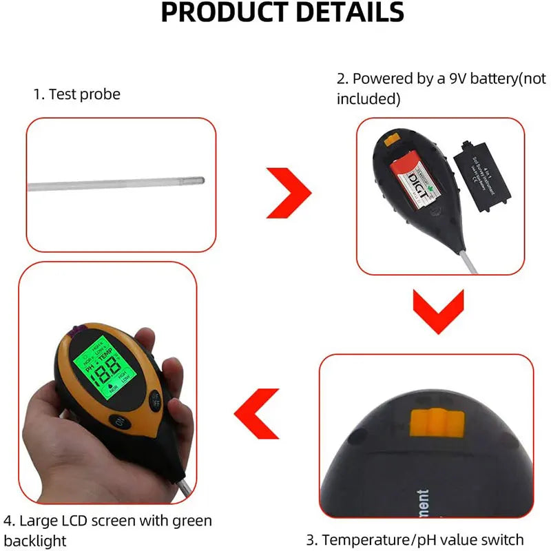 [EU Stock] Soil PH Tester 4 in 1 PH Light Moisture Acidity Tester Soil Tester Moisture Meter Plant Soil Tester Kit for Flowers