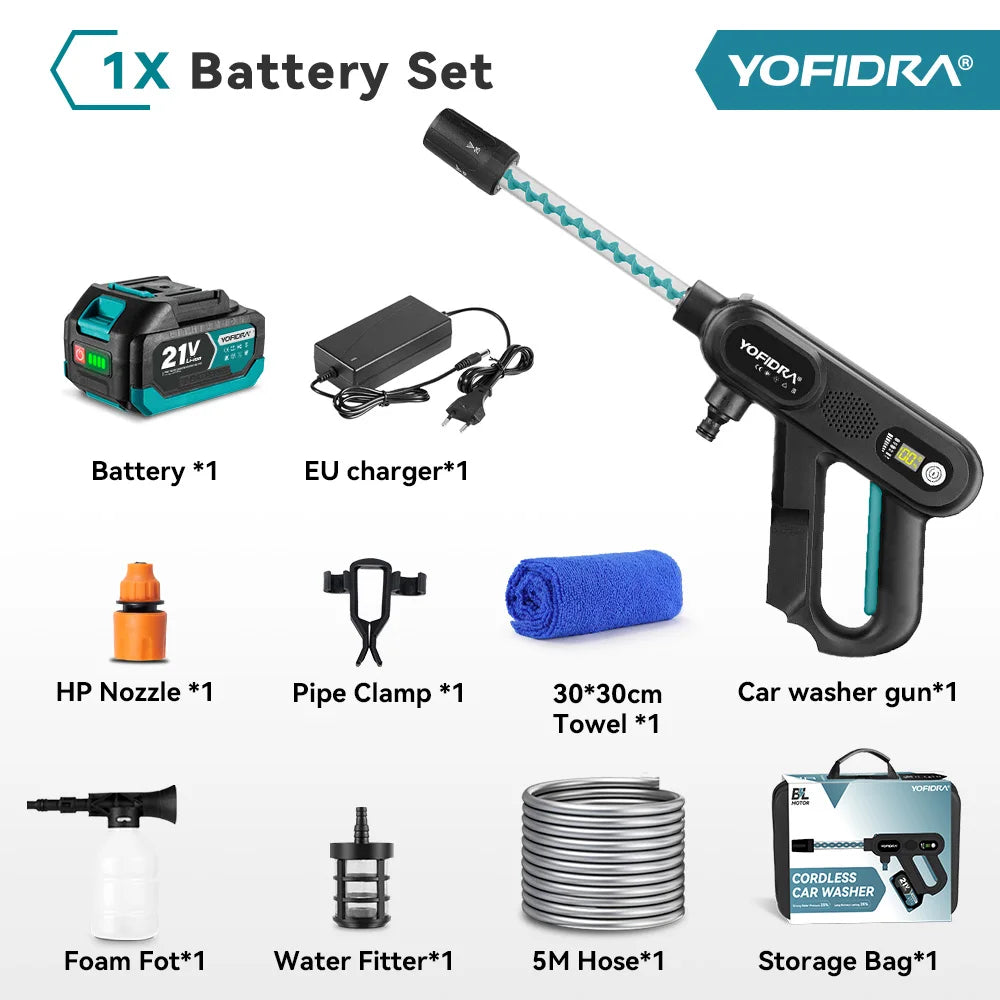 YOFIDRA 5IN1 220Bar Brushless Electric High Pressure Car Washer Gun Water Spray Gun Washing Power Tools For Makita Battery Pin