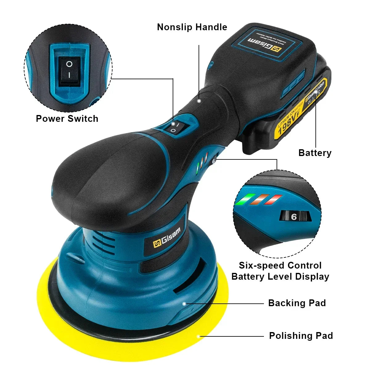 Gisam Brushelss Car Polisher 6 Gears Cordless Electric Polishing Machine Metal Waxing Wood Grinding For Maktita 18v Battery Pin