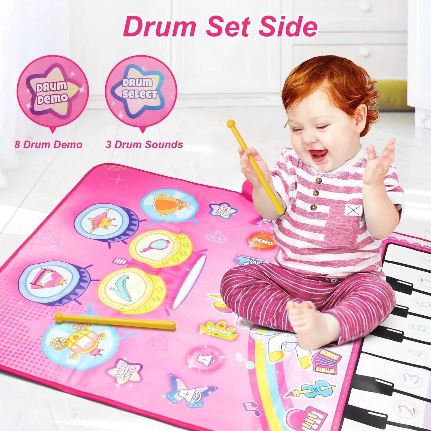 90x70cm Unicorn Music Mat - 2 in 1 Piano Keyboard and Drum Dance Mat for Kids, Educational Toys with 8 Instruments Sounds