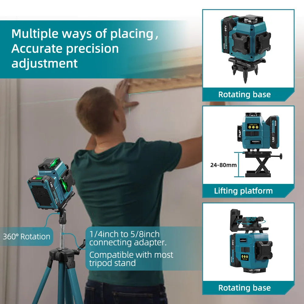 YOFIDRA 16 Lijnen 4D Laserwaterpas Zelfnivellerend 360° Horizontaal Verticaal Nivelleergereedschap met 1M Statief voor Makita 18V Accu Pin