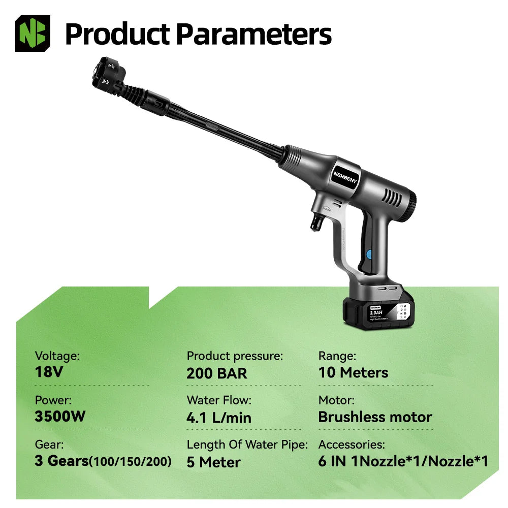 NEWBENY 3500W 200Bar Brushless High Pressure Car Water Gun Cordless Electric Spray Gun Garden Tool For Makita 18V Battery Pin