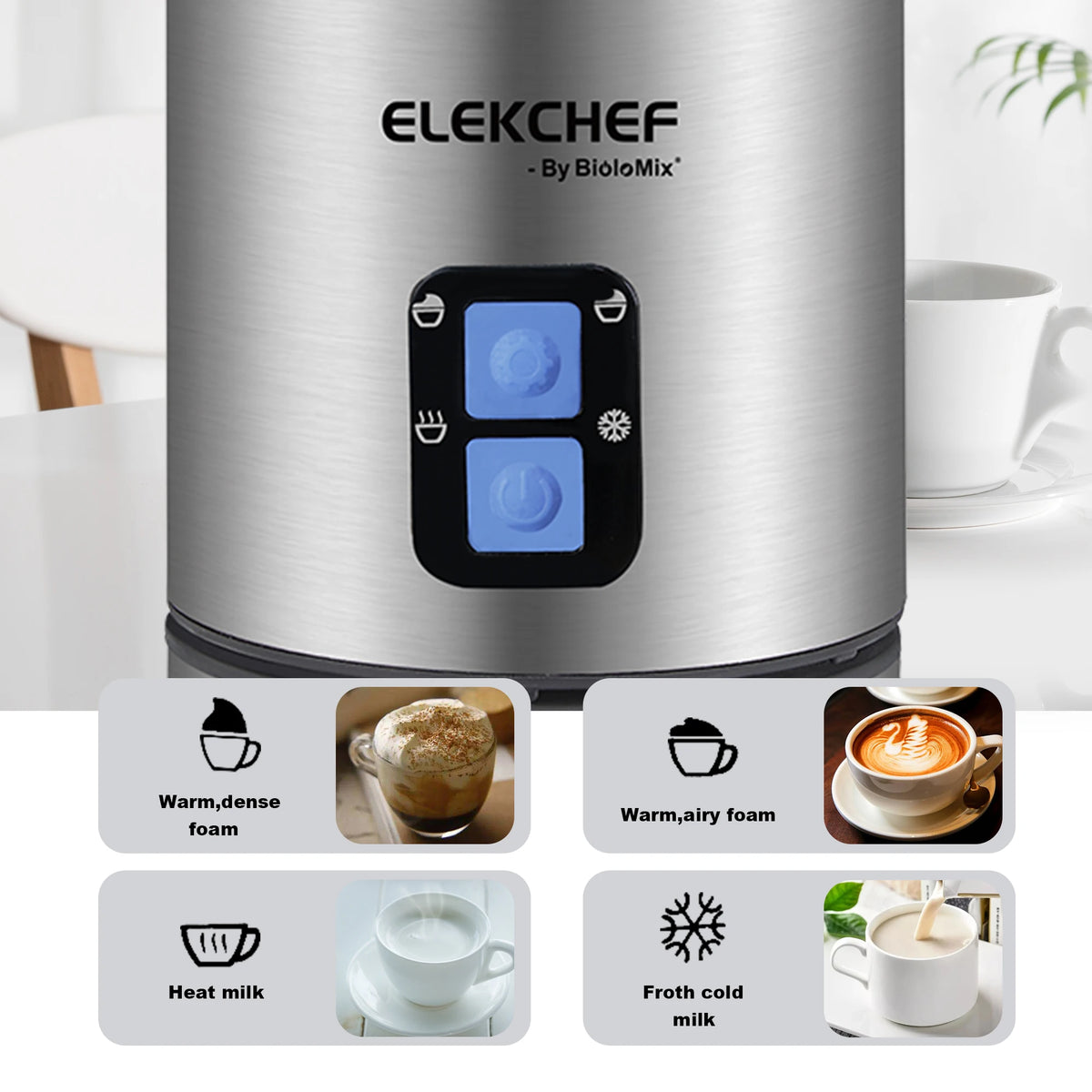 BioloMix Automatische Melkopschuimer & Verwarmer – 4-in-1 Koffieopschuimer voor Warm/Koud Schuim, Latte & Cappuccino