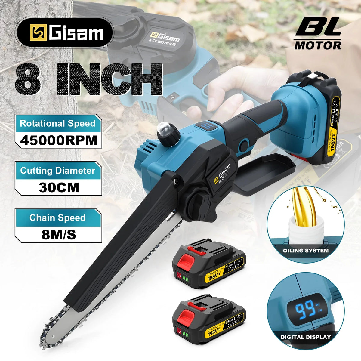 Tronçonneuse d'élagage électrique sans balais Gisam de 8 pouces, outil de scie électrique pour le travail du bois rechargeable, compatible avec les batteries Makita 18 V