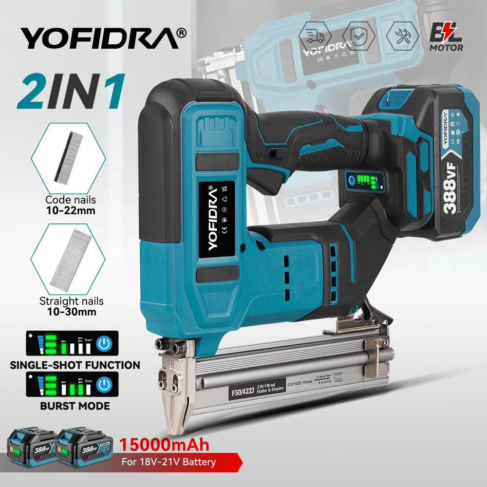 YOFIDRA F30 422J Borstelloze Elektrische Nagelmachine 2-in-1 Multifunctioneel Framing Nietpistool Accugereedschap voor Makita 18V Accu