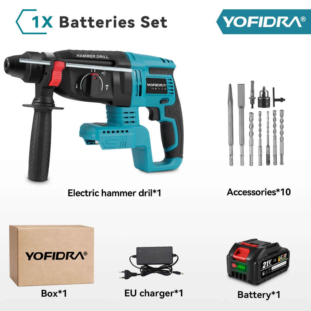 YOFIDRA 26mm Borstelloze Elektrische Boorhamer Snoerloze Multifunctionele Klopboormachine Elektrisch Gereedschap voor Makita 18-21V Accu