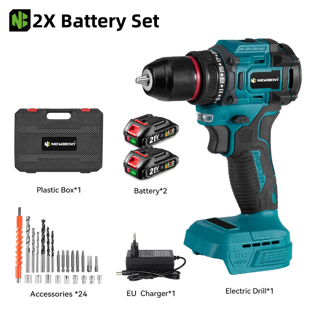 NEWBENY 21+2 Koppel Borstelloze Elektrische Boormachine 10MM Snoerloze Schroevendraaier Doe-het-zelf Gereedschapssets voor Makita 21V Accu