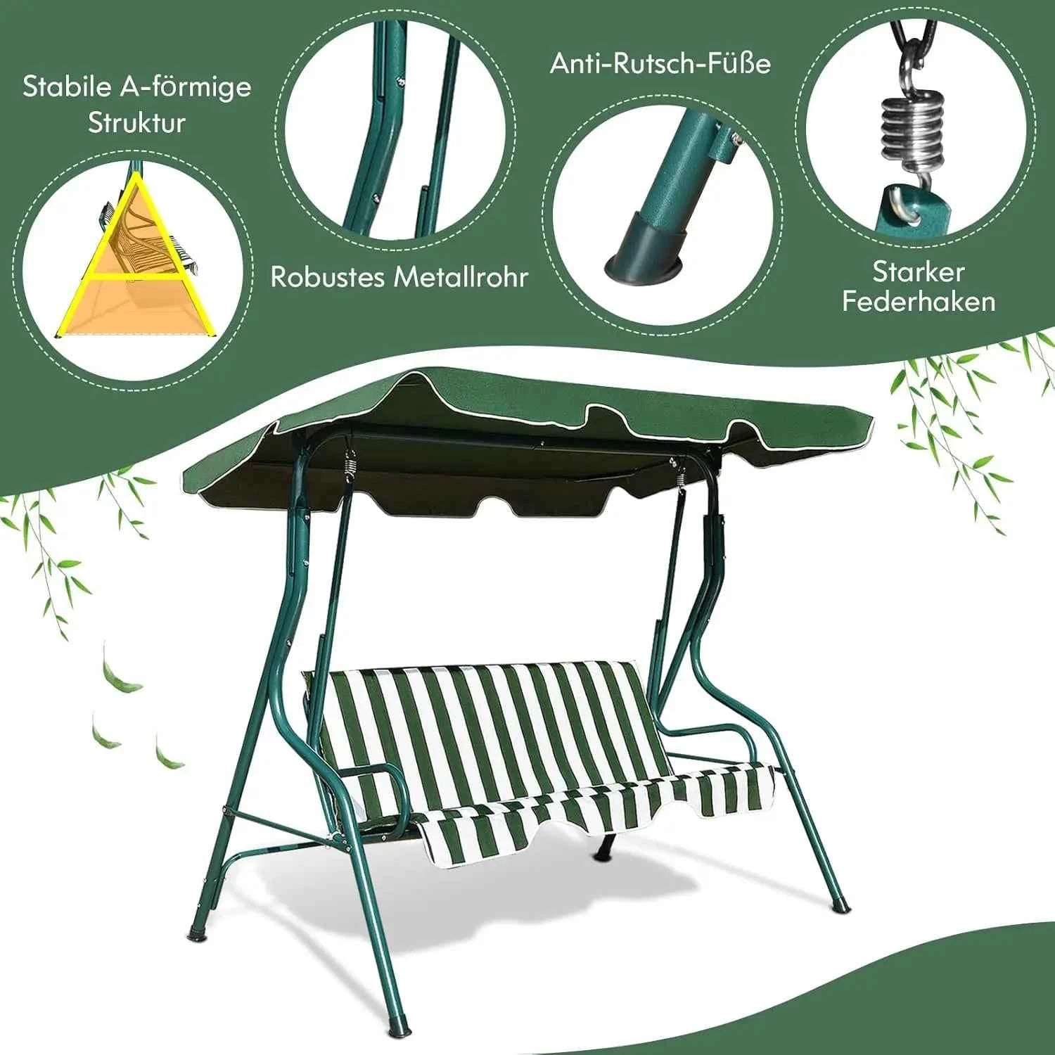 3 Seater Hollywood Swing Garden Swing with Adjustable Roof, Swing Bench, 172 x 110 x 154 cm (Green and White)