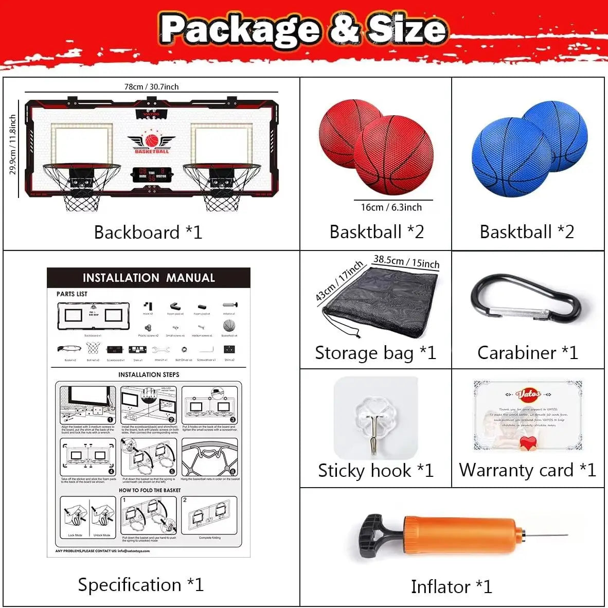 VATOS Mini Basketball Hoop for Kids x2 Indoor Outdoor Electric Scoreboard with 4 Balls - Perfect Sports Game Gift for Boys and Girls - Quality Shopping Centre