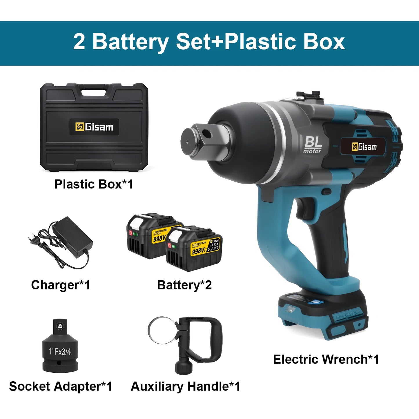 Gisam 4500N.M Brushless Electric Wrench 1 inch Impact Wrench Cordless High Torque Heavy-duty Tire Repair Wrench Screwdriver Drill Power Tool For Makita 18V Battery Pin