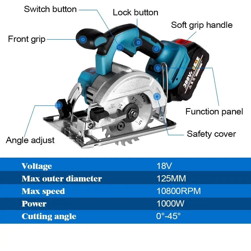ONEVAN 5Inch Brushless Wireless Electric Circular Saw 125mm Angle Adjustbale Wood Cutting Power Tool For Makita 18V Battery Pin