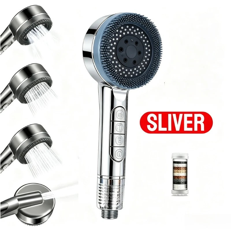High Pressure Shower Head 4 Modes Handheld Body Brush Chlorine Removal Filter Large Flow Water Saving Showerhead for Bathroom