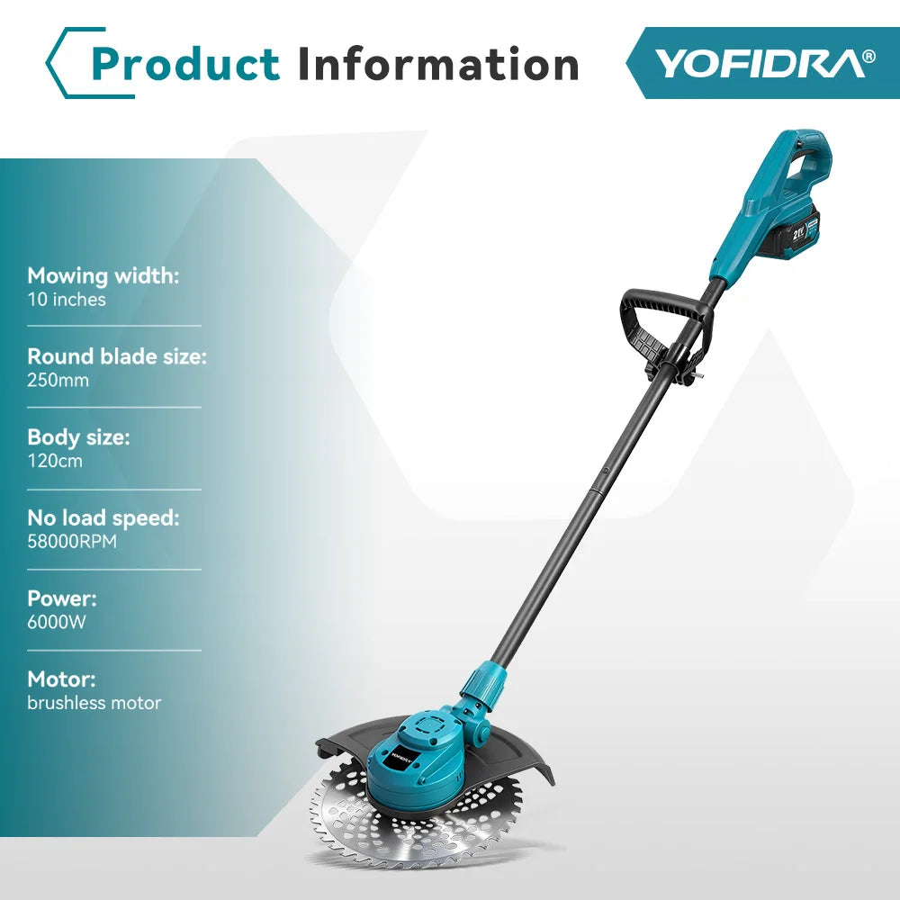 YOFIDRA 6000W 10Inch Brushless Electric Lawn Mower Foldable Grass Cutter Trimmer Garden Power Tool For Makita 21V Battery Pin
