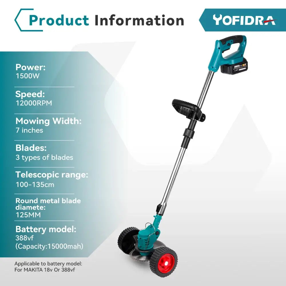 YOFIDRA Electric Lawn Mower Handheld Length Adjustable Cutter Cordless Garden Grass Cutting Trimmer For Makita 18V
