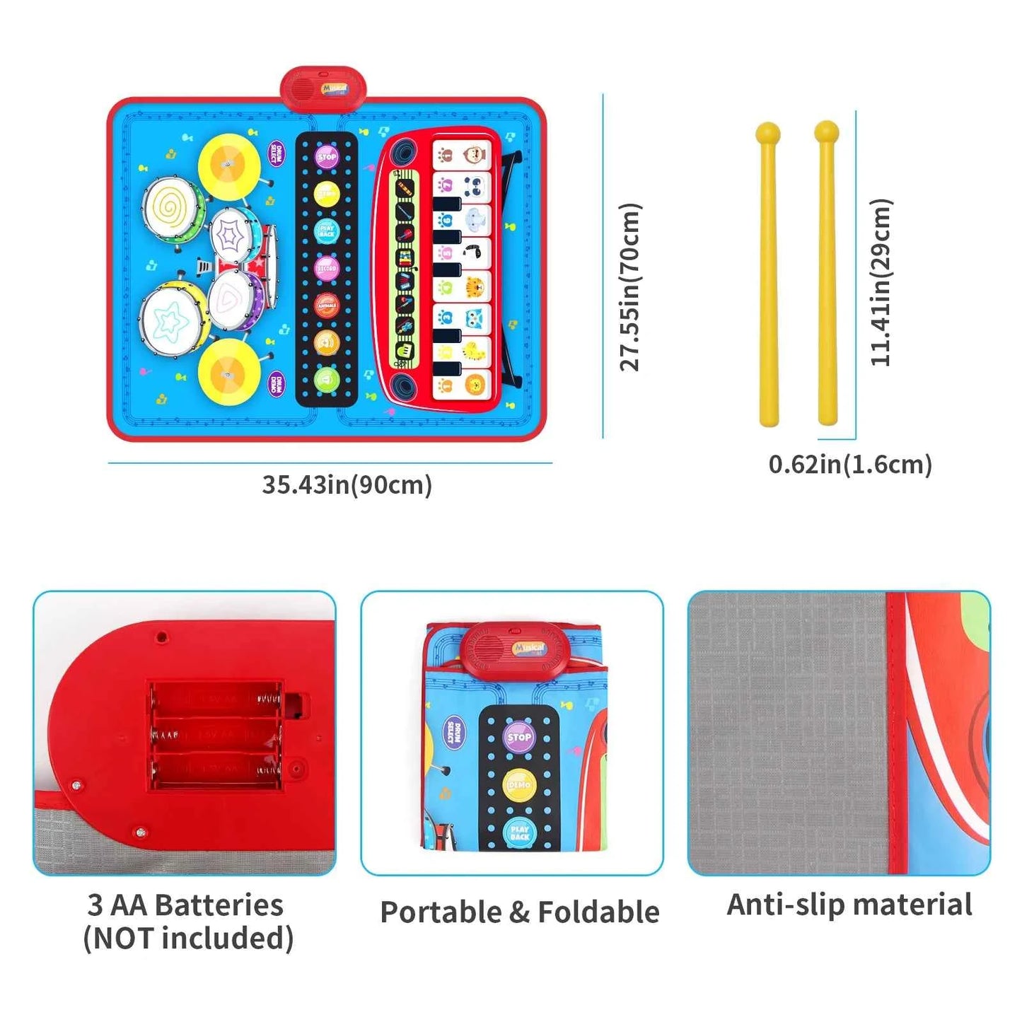 90x70cm Unicorn Music Mat - 2 in 1 Piano Keyboard and Drum Dance Mat for Kids, Educational Toys with 8 Instruments Sounds