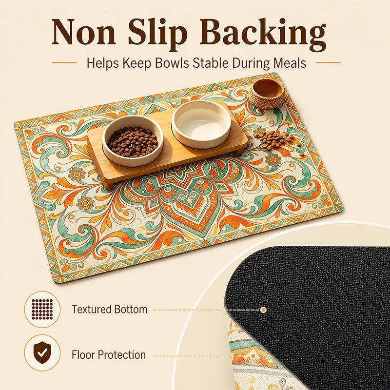 Bohemian Pet Feeding Mat Waterproof Non Slip Dog Cat Bowl Placemat Easy Clean Vintage Persian Style Floor Protector