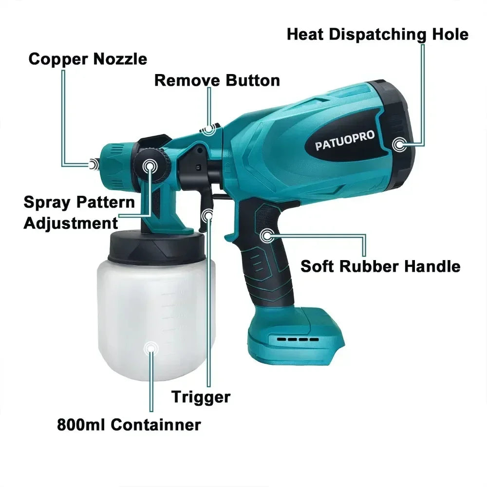 Electric Spray Gun Cordless Paint Sprayer for Auto Furniture Steel Coating - Cordless Electric Spray Gun Compatible with Makita 18V Battery (No Battery Included) - Quality Shopping Centre