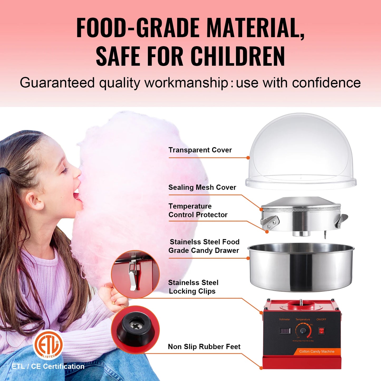 SucceBuy Electric Cotton Candy Machine Candy Floss Maker Commercial Cotton Candy Machine with Cover Perfect for Home Kids Party
