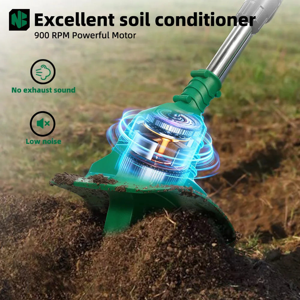 NEWBENY 1800W 4 Blade Electric Garden Rotary Tiller Cultivator Cordless Lawn Mower Portable Grass Trimmer Soil Turning Tools for Makita Battery Pin