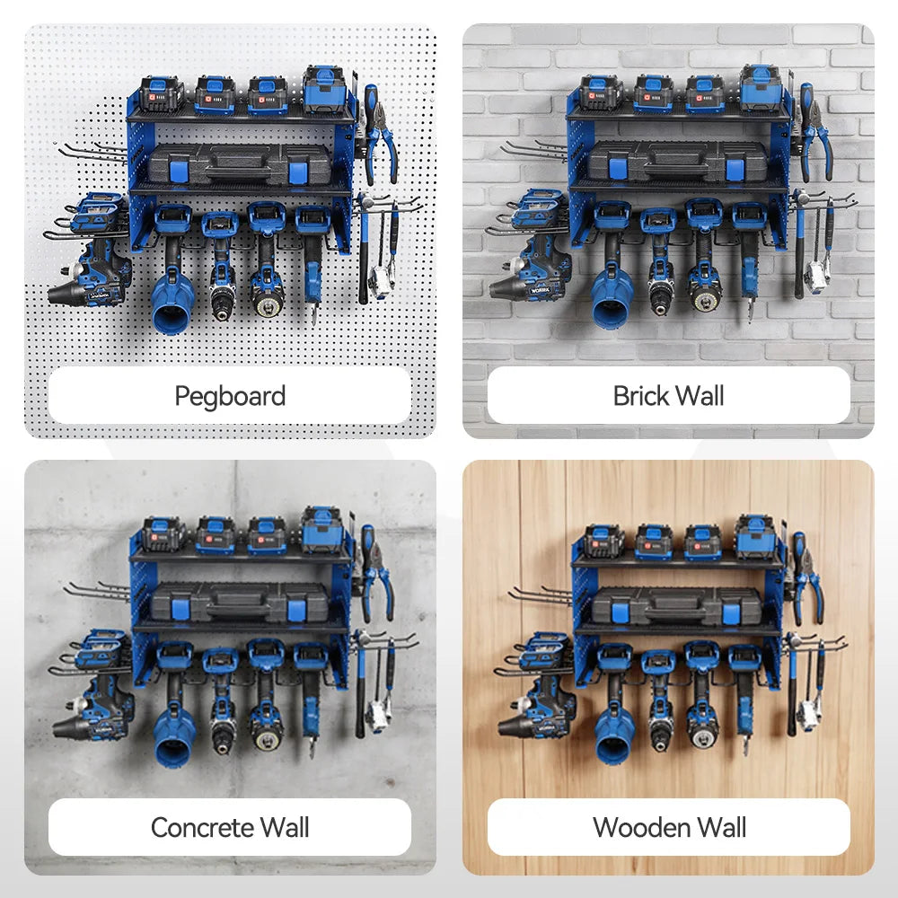 YOFIDRA 3-laags elektrisch gereedschap-organizer wandmontage robuust metalen gereedschapsschap boormachine-hanger opslag gereedschapshouder voor werkplaats-gaatjesbord