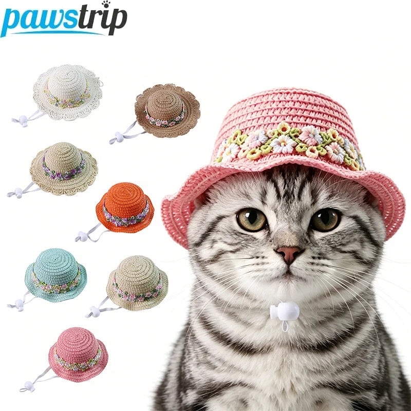Cute Pet Straw Hat for Cats Small Dogs Adjustable Cat Princess Hat Summer Puppy Sun Hat Outdoor Cute Kitten Headwear Pet Supply