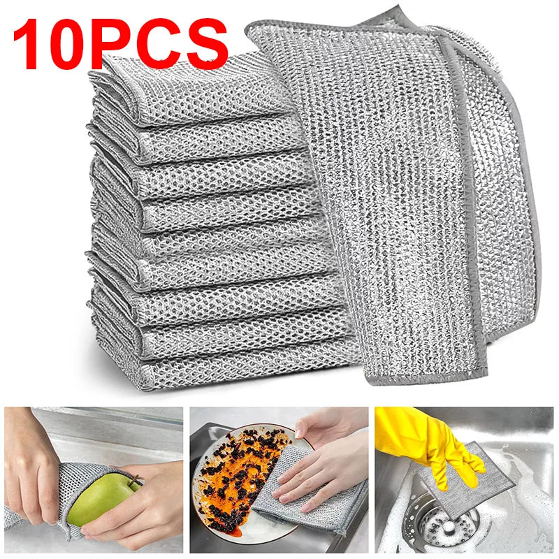 Metal Steel Wire Cleaning Rags Home Kitchen Pot Dish Pan Magic Dishcloth Towels Double Layer Non Stick Oil Steel Wire Rag Cloths
