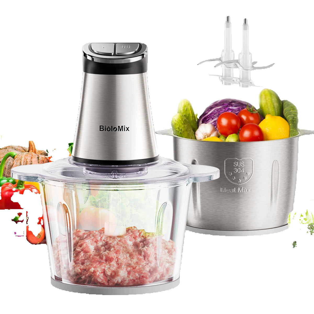BioloMix Mini Electric Food Chopper, 300W, features 2 bowls and 4 blades, perfect for preparing baby food, meat, and onions