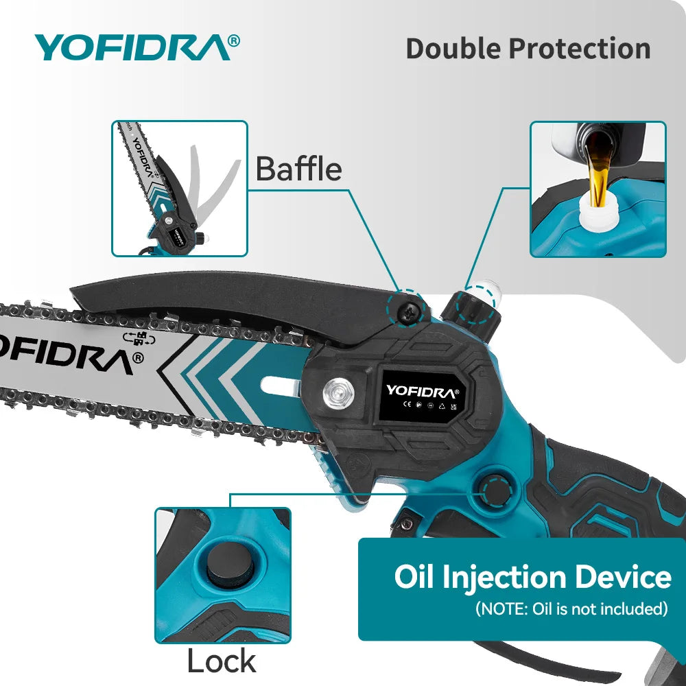 YOFIDRA 6 & 8inch Brushless Electric Chainsaw Cordless Woodworking Pruning Saw Garden Cutting Power Tool For Makita Battery Pin