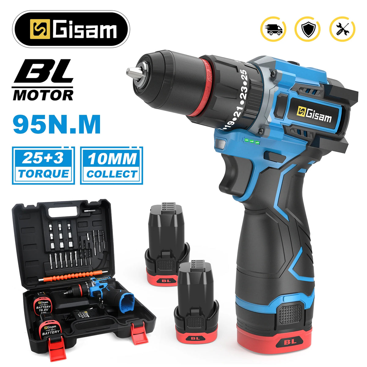 Perceuse à percussion électrique sans balais Gisam 95NM, couple 25+3, tournevis électrique sans fil 3 en 1, outils électroportatifs pour le bricolage à domicile