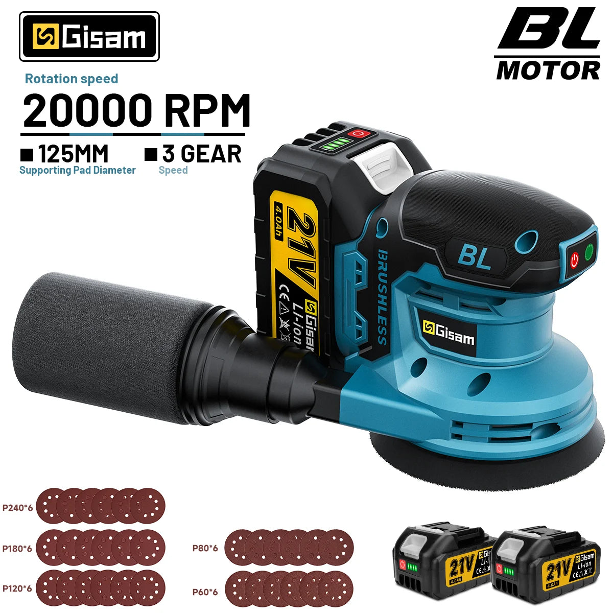 Gisam Brushless 3Gear Electric Orbital Sander 125MM Cordless Grinding Sanding Polishing Machine Dust Collection Woodworking Power Tool For Makita 18V Battery Pin