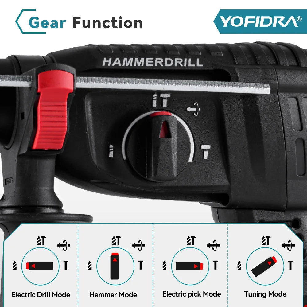 YOFIDRA 1680W Brushless Electric Hammer Cordless Multi-function Drilling Impact Drill Rotary Power Tool For 21V  18V Battery