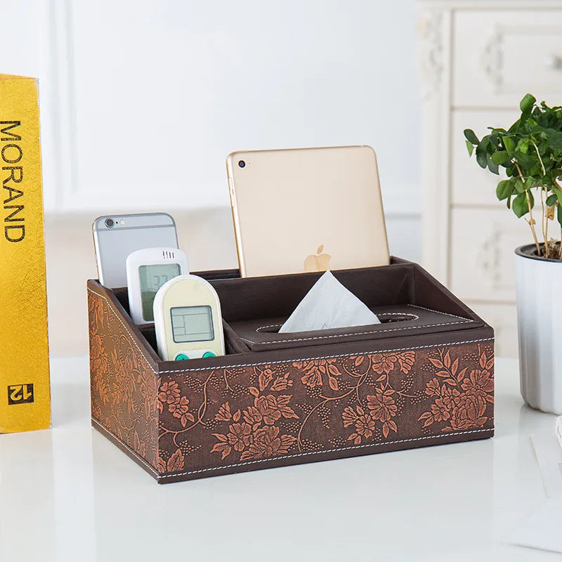 Multifunctional Tissue Box with Stationery Remote Control Box, Decorative Tissue Pen Remote Organizer for Home/Office/Restaurant
