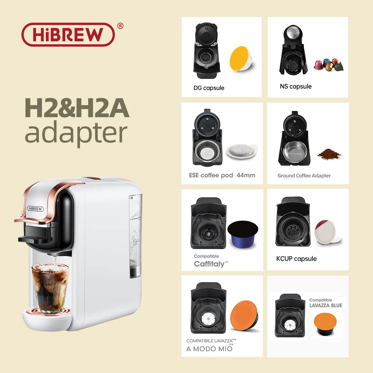 HiBREW H2A&H2B koffiemachine capsule-adaptersysteem onderdelen voor Nespresso, Dolce Gusto, gemalen koffie, ESE-pad of Caffitaly