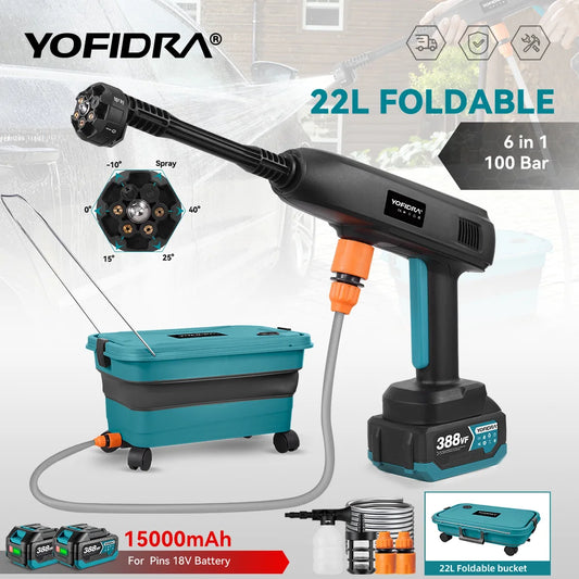 YOFIDRA 6IN1 100Bar Electric Water Spray Gun With 22L Foldable Water Bucket Home Car Washing Machine For Makita 18V Battery Pin