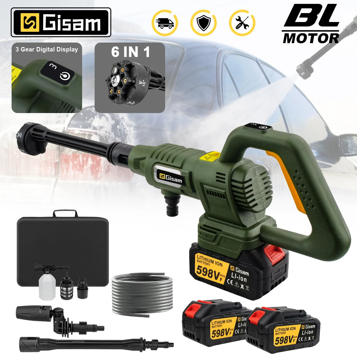 200Bar 3Gear Digital Display Brushless Electric High Pressure Washer Car Washing Gun Garden Water Gun for Makita 18V Battery Pin