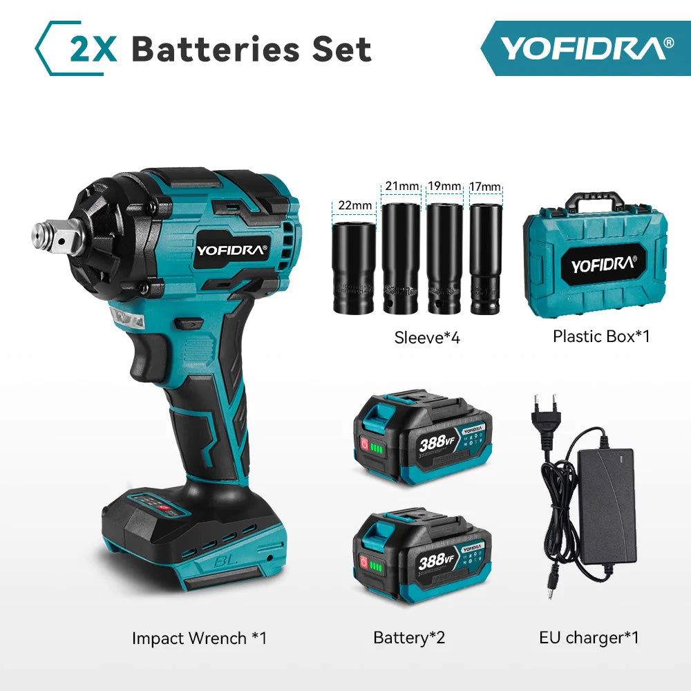YOFIDRA Boulonneuse à chocs électrique sans fil 1/2" 1000 N.m, clé à chocs portative pour vissage automobile, ensemble avec douilles, compatible batterie Makita avec goupille