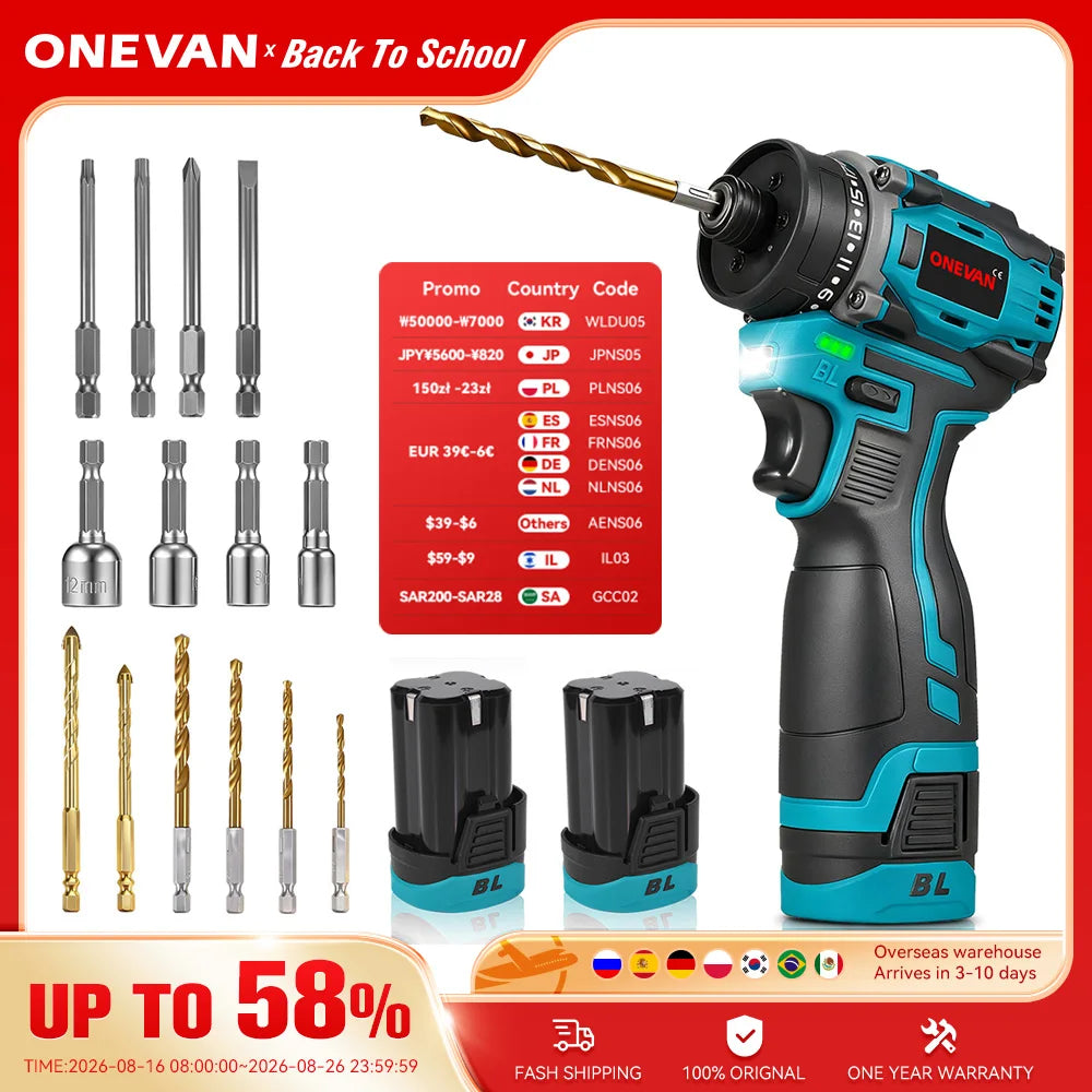 ONEVAN 3-in-1 Borstelloze elektrische boormachine schroevendraaier 80NM 1600 RPM snoerloze klopboormachine elektrische schroevendraaier voor lithiumbatterij