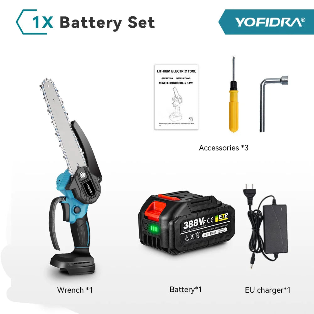 YOFIDRA Borstelloze Kettingzaag 8 Inch Handheld Snoerloze Snoeizaag Oplaadbaar Snoeigereedschap voor Hout Elektrisch Gereedschap voor Makita 18V Accu
