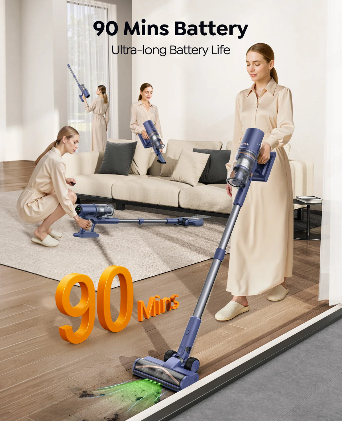 Laresar V11 NIEUW 650W 75000PA Ultra-krachtige draadloze stofzuiger, 90 minuten lange gebruiksduur, uitneembare accu & slimme display-stofzuiger