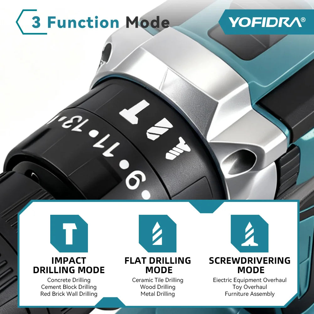 YOFIDRA 25+3 Torque Electric Impact Drill Cordless Multifunction Drill Screwdriver Home DIYPower Tool for Makita 21V Battery Pin