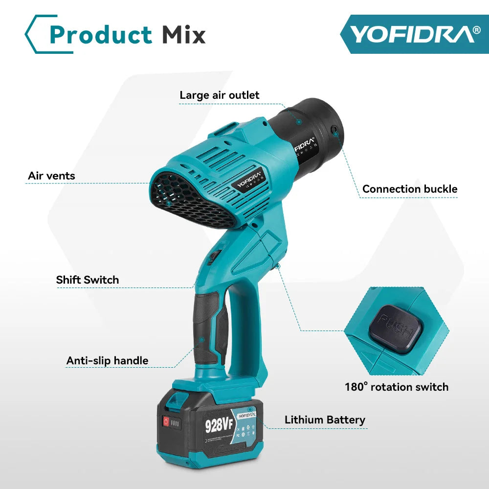 Souffleur turbo électrique sans balais 2-en-1 YOFIDRA 1500 W, 5 vitesses, pour feuilles, neige et poussière, outil de nettoyage de jardin compatible avec batterie Makita 18 V