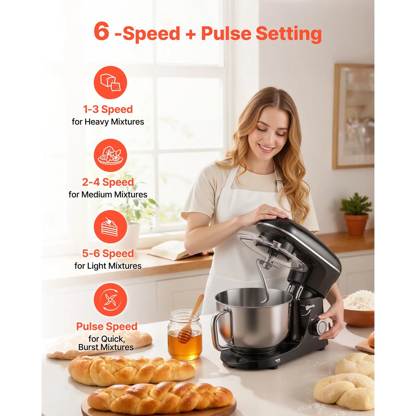 SucceBuy Stand Mixer Household Black 6 QT Dough Mixer with Stainless Steel Bowl Dough Hook Silicone Scraper for Baking & Mixing
