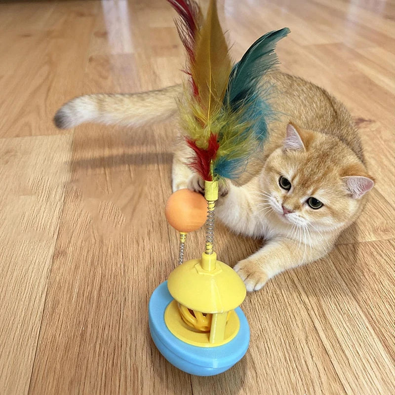 Interactive Cat Tumbler Toy with Bell Ball Funny Pet Feather Toy for Cats Kitten Turntable Toy Cat Accessories