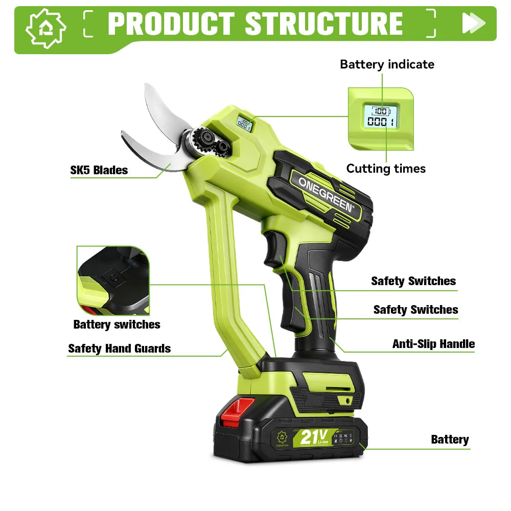 ONEGREEN Brushless 30MM Electric Pruner Shear 2 Gears Cordless Scissors Tree Bonsai Pruning Tools For Makita 21V Battery Pin