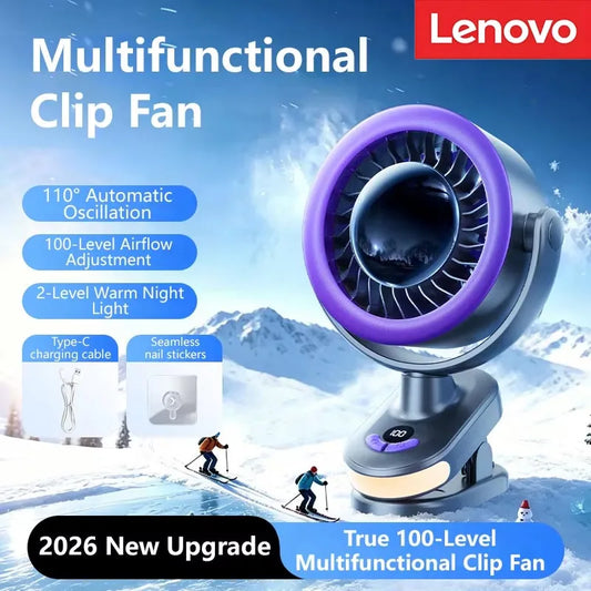Lenovo Ice Cooling Fan USB Desktop Clip Fan Rechargeable Portable Quiet for Office Dorm 100-Speed Long Battery Life Night Light